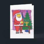 Cartão De Festividades Papai noel que ilumina um Menorah<br><div class="desc">Cartão inter-religioso que caracteriza o papai noel que ilumina um Hanukkah Menorah na frente da árvore de Natal.</div>