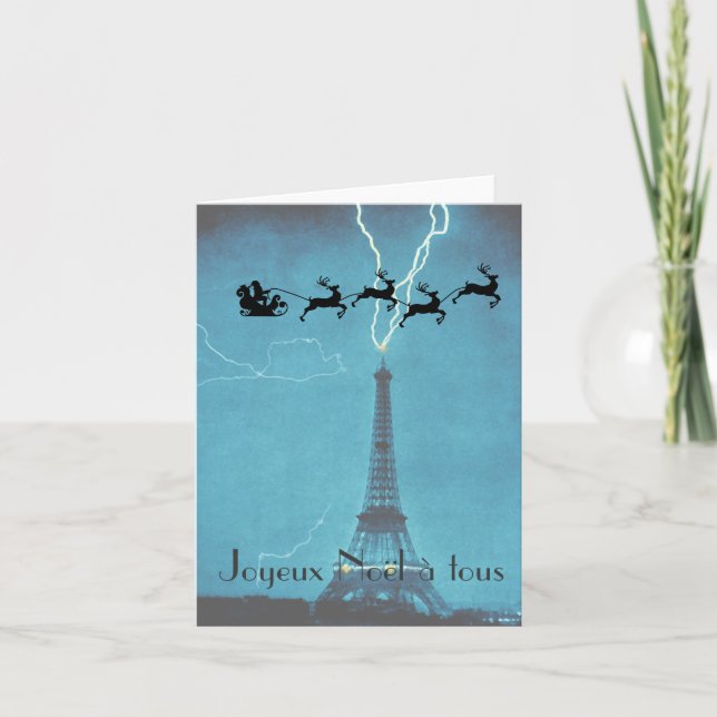 Cartão De Festividades Papai noel que voa após a torre Eiffel (Frente)