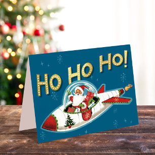 Cartão De Festividades Papai Noel Retro no Foguete Ho Ho Ho Natal sem Fot