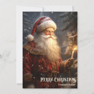 Cartão De Festividades Papai Noel retrô vintage com vela na floresta