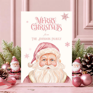 Cartão De Festividades Papai Noel Rosa Aquarela Natal Retro Férias