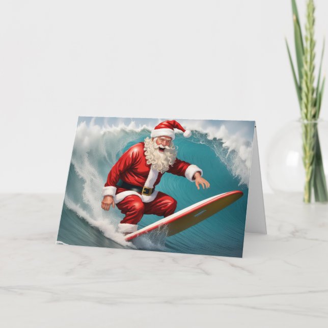 Cartão De Festividades Papai Noel surfando em um Conselho (Frente)