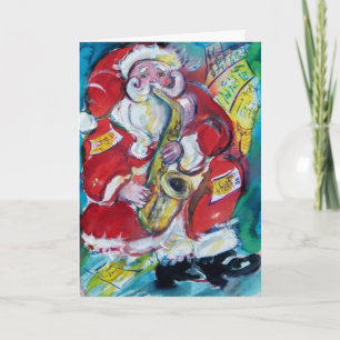CARTÃO DE FESTIVIDADES PAPAI NOEL TOCANDO SAX, FESTA DE NATAL MUSICAL