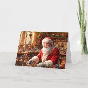Cartão De Festividades Papai Noel trabalhando em sua oficina de brinquedo