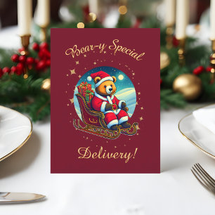 Cartão De Festividades Papai Noel Urso Desejos Festivos de Trenó