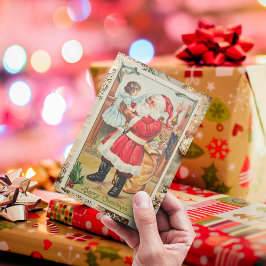 Cartão De Festividades Papai Noel Vermelho Vintage com Menina Feliz Natal