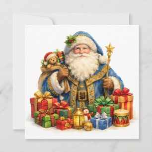 Cartão De Festividades Papai Noel Vintage aquarela com presentes 
