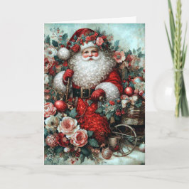 Cartão De Festividades Papai Noel Vintage Floral Rústico Vibrante