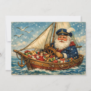 Cartão De Festividades Papai Noel Vintage no Barco com Presentes