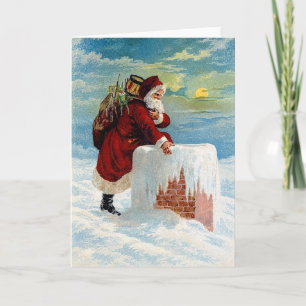 Cartão De Festividades Papai Noel Vitoriano Antigo no Telhado Nevado
