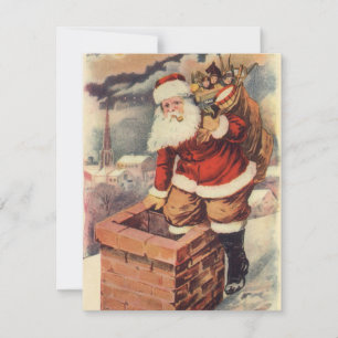 Cartão De Festividades Papai Noel Vitoriano de Natal Antigo na Chaminé