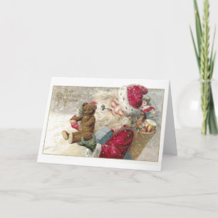 Cartão De Festividades papais noeis 1913 com Urso de Teddy e Pipe