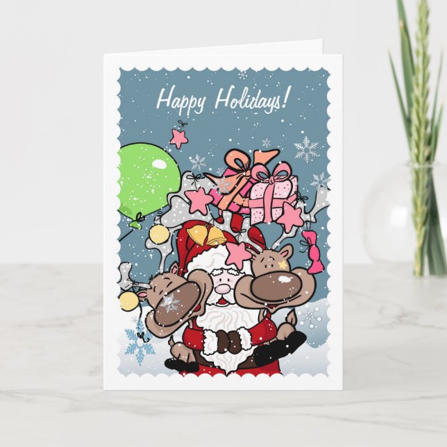 Cartão De Festividades Papais noeis Abraçando suas Renas (Frente)