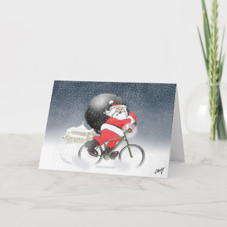 Cartão De Festividades Papais noeis andandos de bicicleta com seu saco na