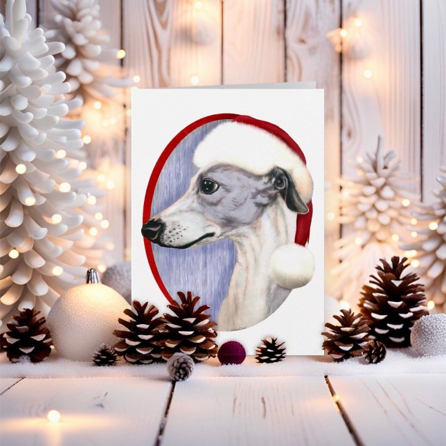 Cartão De Festividades Papais noeis Azuis e Brancos de Natal (Blue and White Whippet Santa Hat Christmas)