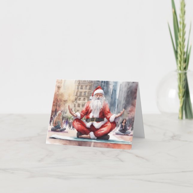 Cartão De Festividades Papais noeis de aquarelas que fazem Yoga em NYC (Frente)