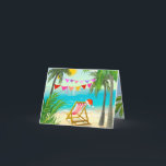 Cartão De Festividades Papais noeis de férias, Natal de praia, Verão<br><div class="desc">Papais noeis de férias, Natal de praia, Cartão de férias de verão - Você está celebrando o Natal em um clima quente ou gostaria de estar? Aqui está um cartão de saudação com uma cadeira de praia, um chapéu de Papai Noel, palmeiras e o oceano — a ilusão é que...</div>