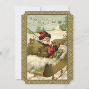 Cartão De Festividades Papais noeis de inverno Vintage em Ouro Sleigh