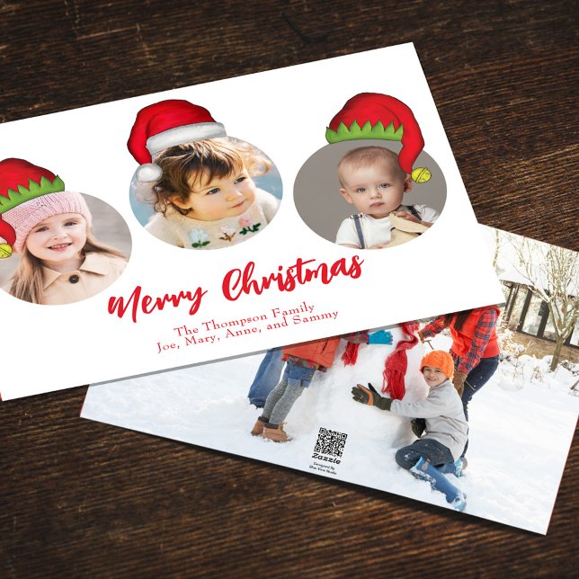 Cartão De Festividades Papais noeis De Natal Bonitos Elf Engraçados Quadr (Merry Christmas cute whimsical multi photo greeting card with a four photo template. )