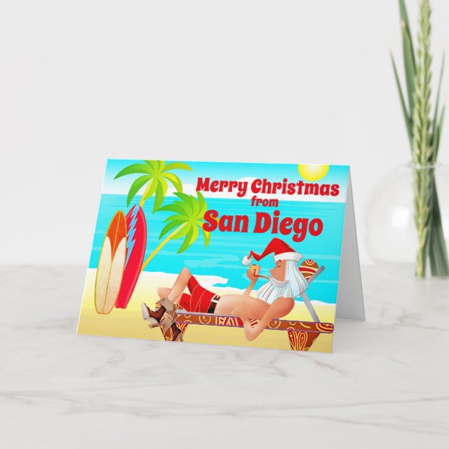 Cartão De Festividades Papais noeis de Natal de San Diego e praia Surfboa (Frente)