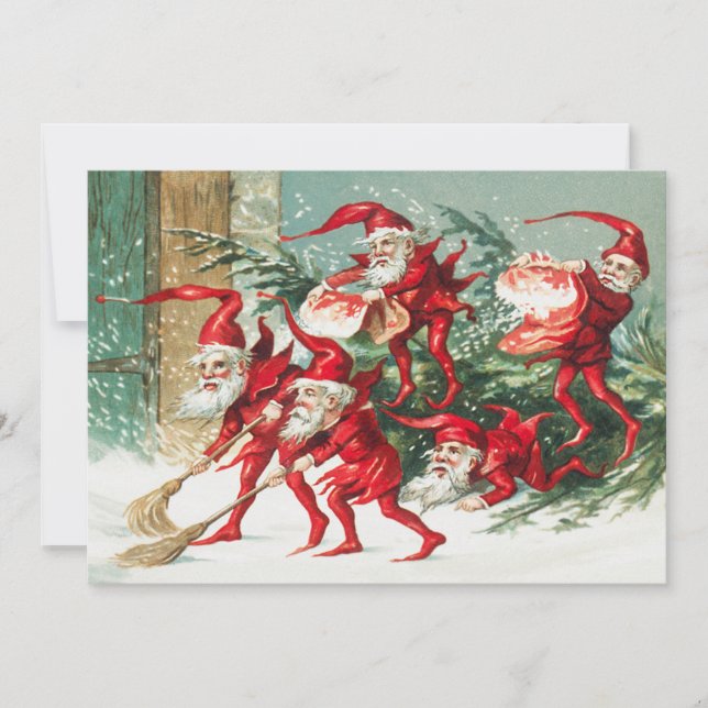 Cartão De Festividades Papais noeis de Natal elfos varrendo neve Feriado (Frente)