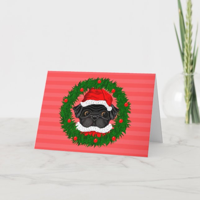 Cartão De Festividades Papais noeis de Pug Pretos de Natal Bonitos em Ver (Frente)