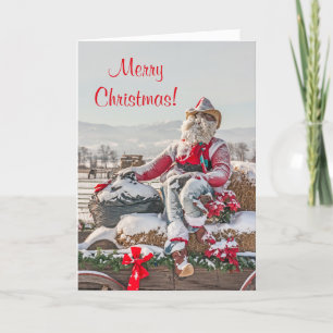 Cartão De Festividades Papais noeis de vaqueiro Vagão de Natal com Hay Ba