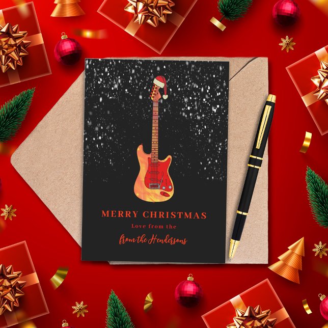 Cartão De Festividades Papais noeis de Violão legal Feliz Neve de Natal (Cool guitar wearing a Santa hat merry Christmas red and black personalized holidays card)