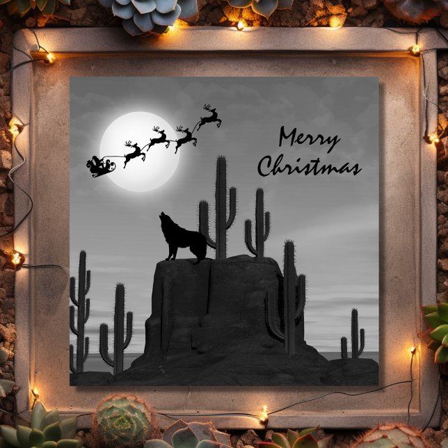 Cartão De Festividades Papais noeis do deserto do lobo da lua cheia sudoe (Front - Santa Full Moon Wolf Desert Southwestern Christmas Holiday Card)