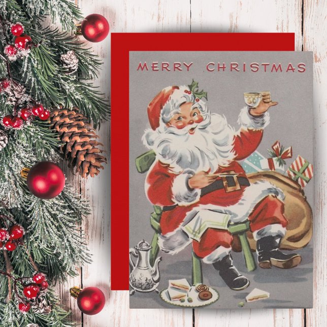 Cartão De Festividades papais noeis dos anos 50 com Natal Personalizado d (1950s Santa with Tea and Cookies Custom Christmas Holiday Card. Add a special message and your name!)
