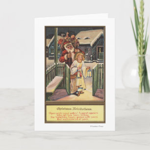 Cartão De Festividades Papais noeis e Anjo com Lanterna