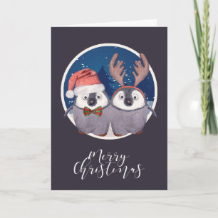 Cartão De Festividades Papais noeis e Casal de Reindeer Penguin de Natal