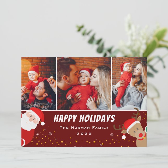 Cartão De Festividades Papais noeis e Reindeer Feliz Natal 3 Foto (Em pé/Frente)