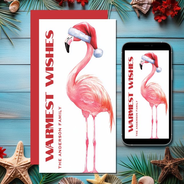 Cartão De Festividades Papais noeis Engraçados Flamingo Tropical Beach Na (Cute Funny Santa Flamingo Tropical Beach Christmas Holiday Card)