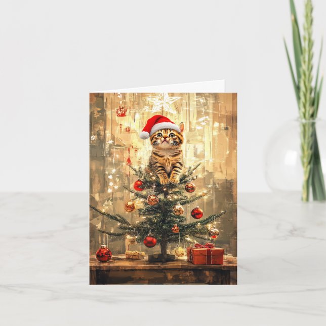 Cartão De Festividades Papais noeis Gato e Árvore de Natal (Frente)