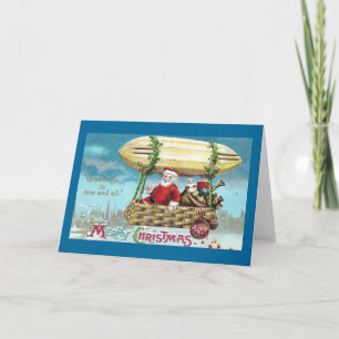 Cartão De Festividades Papais noeis no Blimp Vintage Xmas
