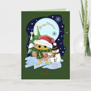 Cartão De Festividades Papais noeis Owl e seu amigo boneco de neve, texto