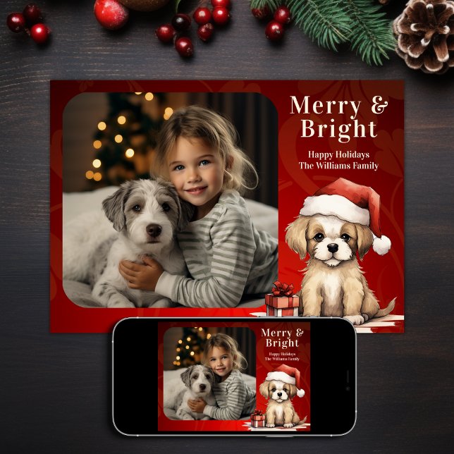 Cartão De Festividades Papais noeis Puppy Feliz e Bright Photo Dog Natal (Printed and Digital - Santa Puppy Merry and Bright Photo Dog Christmas Holiday Card)