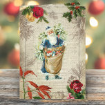 Cartão De Festividades Papais noeis Rustic Vintage com Flores, Pinos e Mú<br><div class="desc">Padre Natal,  de jolly azul,  sobre um fundo de música e roteiro com gravura de galho rústico,  pinheiro gravado,  rosas,  poinsettia e holly sobre fundo de pergaminho de sépia angustiado.</div>