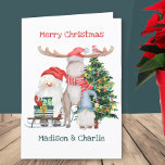 Cartão De Festividades Papais noeis Sleigh e Gnomo Gonk Crianças Personal<br><div class="desc">Cartão de Natal personalizado para crianças com dentro e fora completamente editáveis, em tipografia química. Este design bonitinho apresenta uma ilustração aquosa de Papais noeis com manchas de presentes, gnomo de gônadas, alce de renas e árvore de Natal decorada. Por favor, navegue na minha loja para coordenar o plástico de...</div>