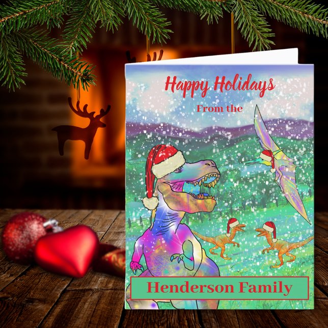 Cartão De Festividades Papais noeis T Rex de Natal do Dinossauro Personal (Christmas dinosaur wearing Santa hat custom holiday greetings card T-Rex velociraptor pterodactyl )
