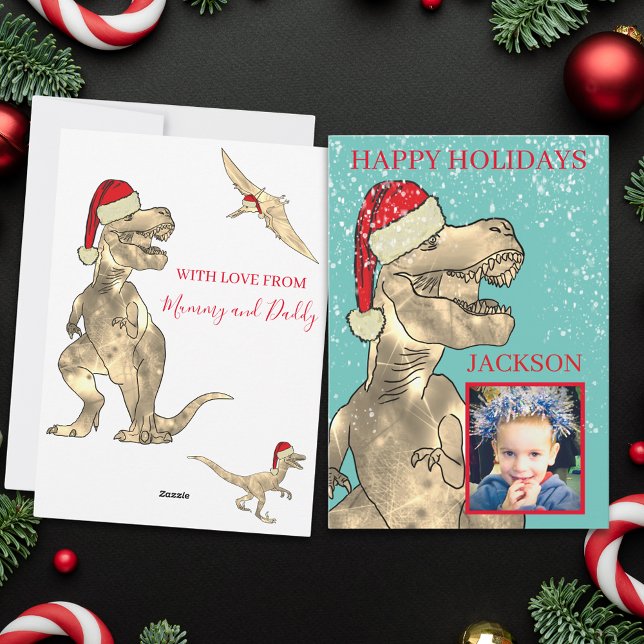 Cartão De Festividades Papais noeis T Rex Foto personalizadas Crianças do (Christmas dinosaur custom photo holiday greetings card)