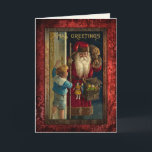 Cartão De Festividades Papais noeis Vintage trazendo brinquedos<br><div class="desc">Belo trabalho de arte nostálgico da época vitoriana,  com Papais noeis de rosas vermelhas na porta trazendo brinquedos para uma criança pequena em um traje de marinheiro. O trabalho de arte foi restaurado digitalmente e centrado em um fundo vermelho escuro. O texto dentro é personalizável.</div>