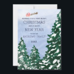 Cartão De Festividades Papais noeis voadores Árvores de inverno de neve p<br><div class="desc">Este cartão de cartões de natal de Natal moderno e artístico é perfeito para o evento festivo e divertido. Ele apresenta uma paisagem pintada manualmente com aquarelas com árvores verdes da floresta e neve branca sobre um céu azul pastel. No canto superior esquerdo está um pequeno Papai Noel fofo voando...</div>