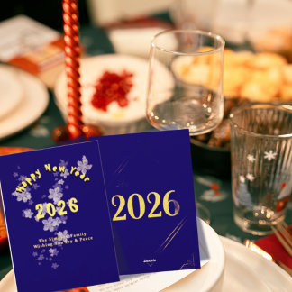Cartão De Festividades Papelaria Elegante Ano Novo 2026 em Azul Marinho e