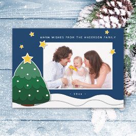 Cartão De Festividades Papercut Stars & Snowy Christmas Tree Family Photo