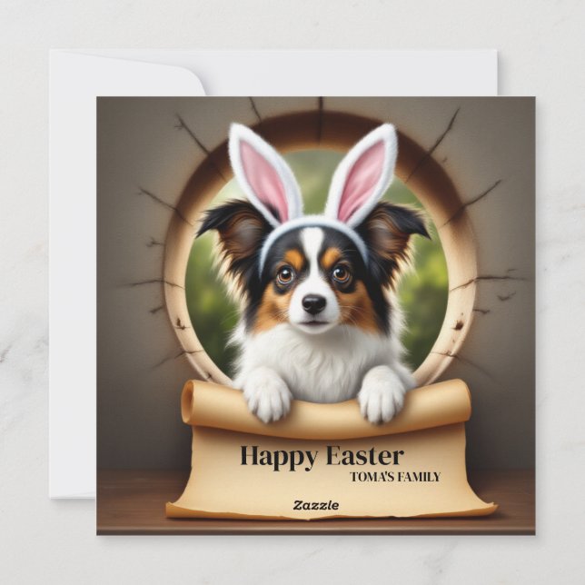 Cartão De Festividades Papillon dog - com Nome da Família (Verso)