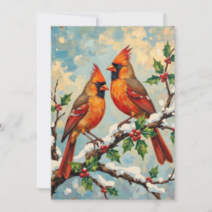 Cartão De Festividades Par de Cardinals Vintage em Galho de Azevinho Neva