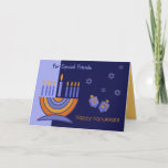 Cartão De Festividades Para Amigos Especiais em Hanukkah<br><div class="desc">Feliz Hanukkah pelos Amigos Especiais. Cartões de saudação personalizáveis de design Menorah e Dreidels. Cartões e presentes disponíveis na Categoria Feriados Judeus / Hanukkah da nossa loja.</div>