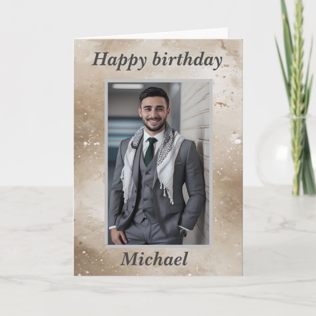 Cartão De Festividades Para Ele Foto Feliz Aniversário Deseja Biege (Frente)